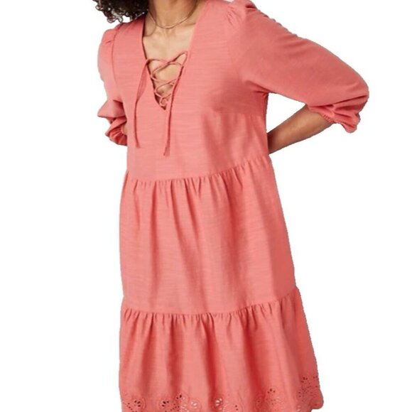 Old Navy Coral Eyelet Lace-Up Tiered Swing Dress L Boho Cottagecore Chic Whimsy - Picture 1 of 10